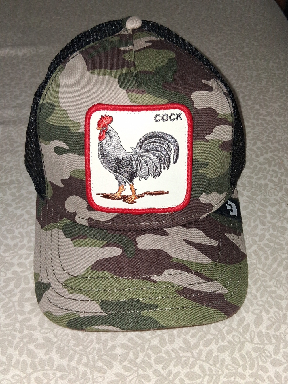 Goorin Bros Camo Trucker Hat with Rooster Patch - Green, Brown, Black